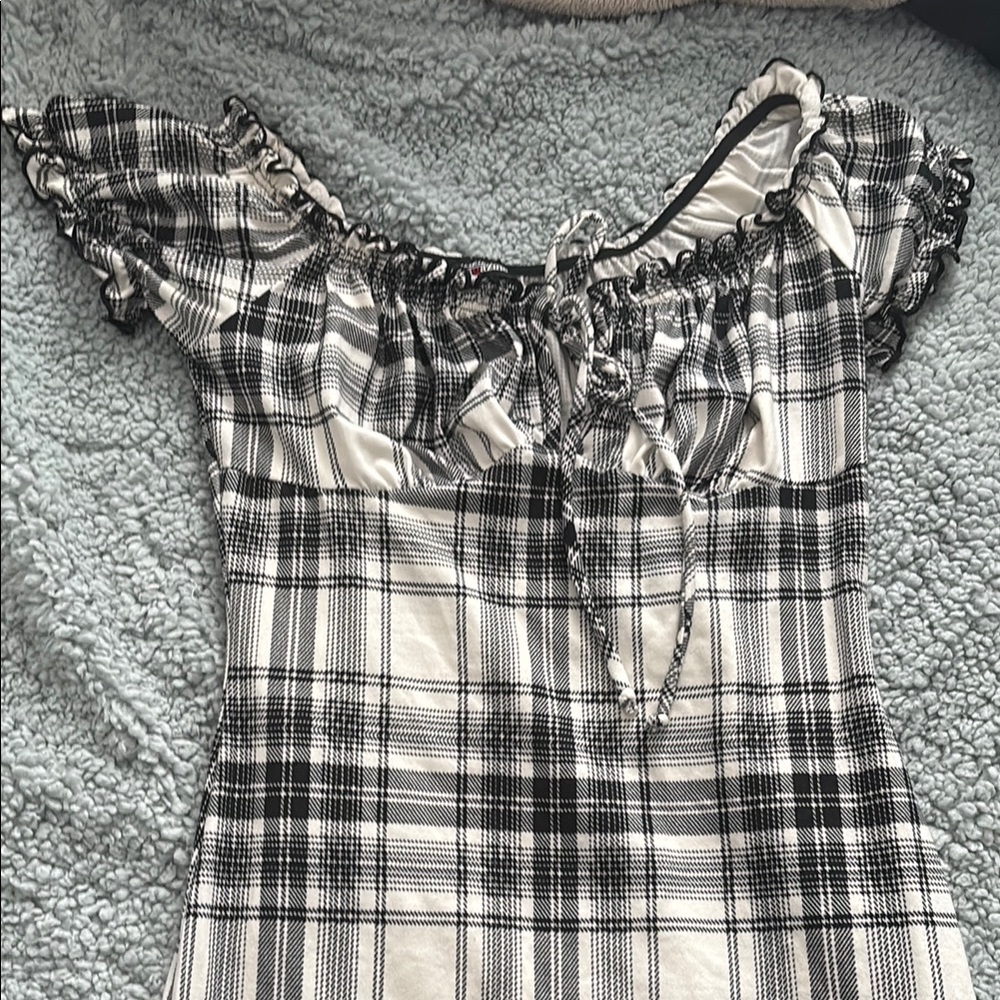 Black and White Plaid Off-Shoulder Dress
